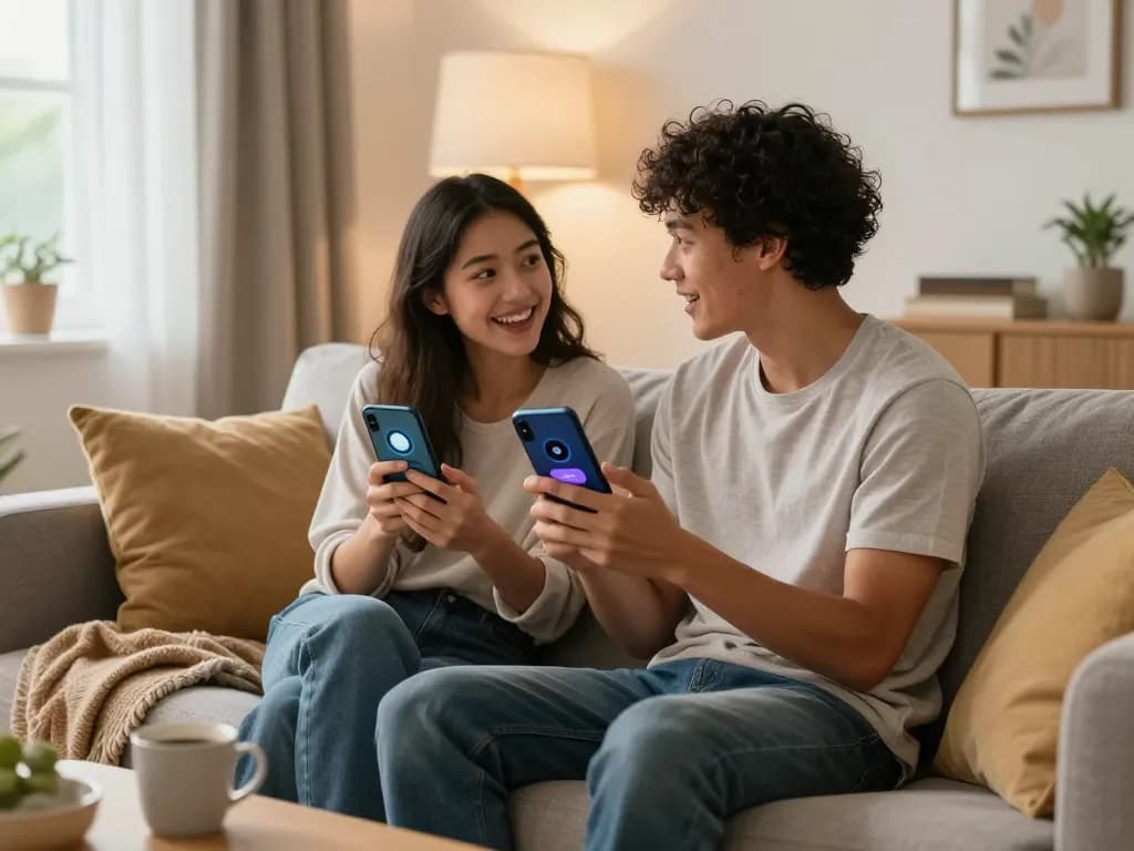 Couple engaging with sexting AI chatbot in cozy living room.