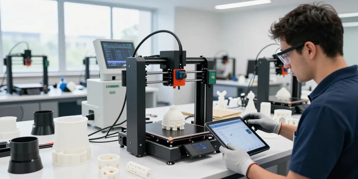 3D Druck B2B in einer modernen Werkstatt mit Techniker am 3D-Drucker.