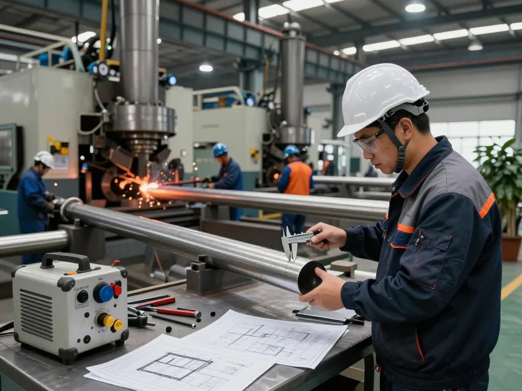 Engineers assessing sumwin stainless steel pipes in industrial facility.