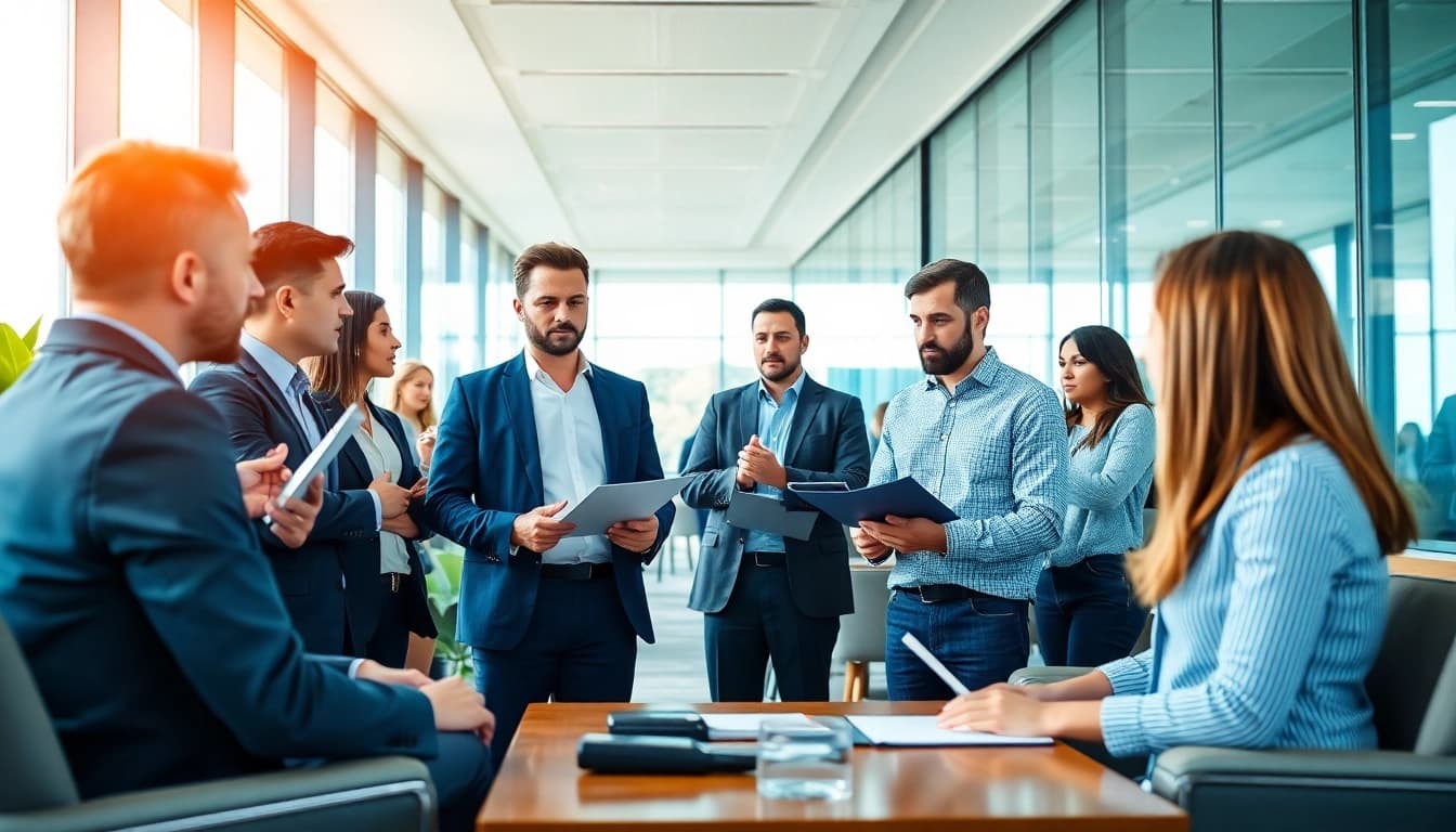 Headhunter Ingenieure im Gespräch mit Ingenieuren in einem modernen Büro.
