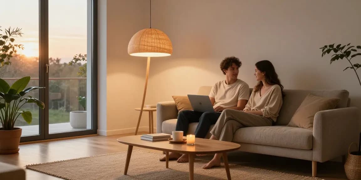 Skandinavische Hängeleuchte Holz Skandinavisch beleuchtet ein gemütliches modernes Wohnzimmer mit warmer Atmosphäre.