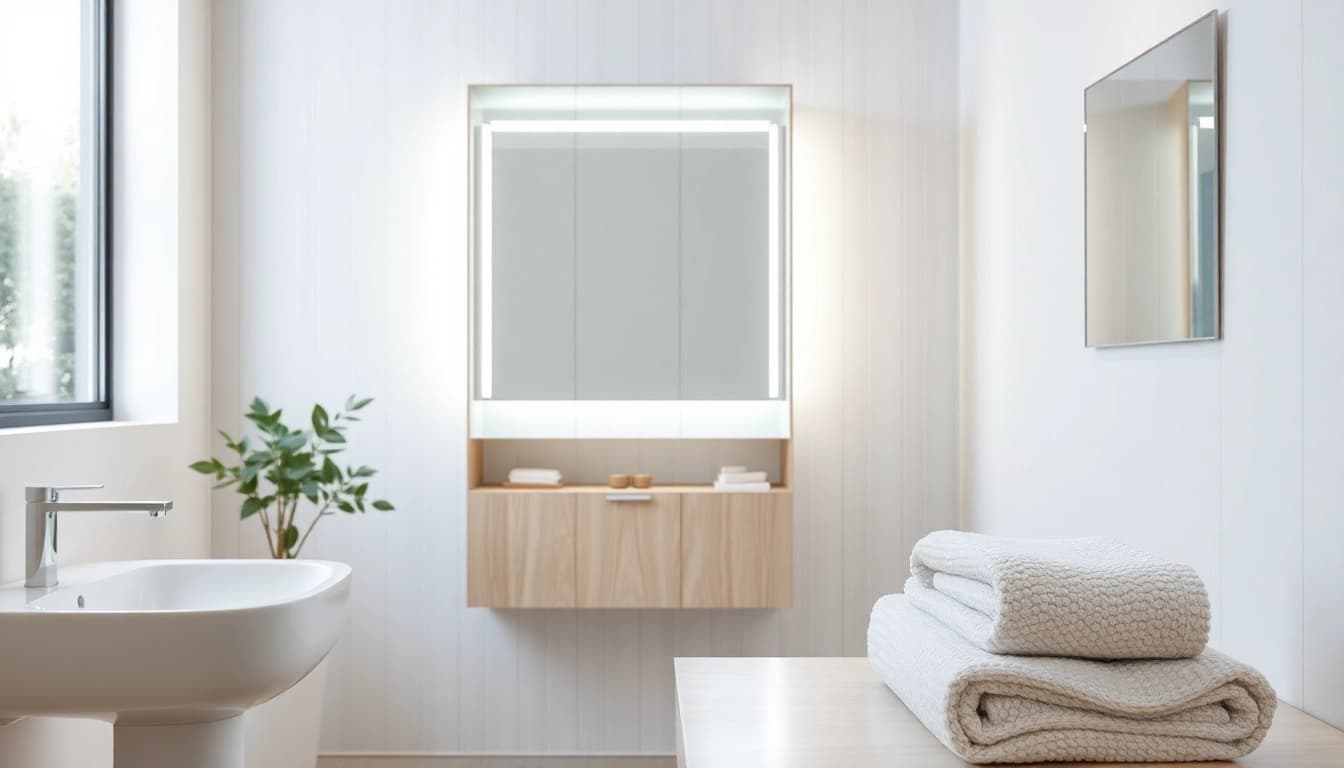 Sonni Spiegelschrank in einem eleganten Badezimmer mit LED-Beleuchtung.