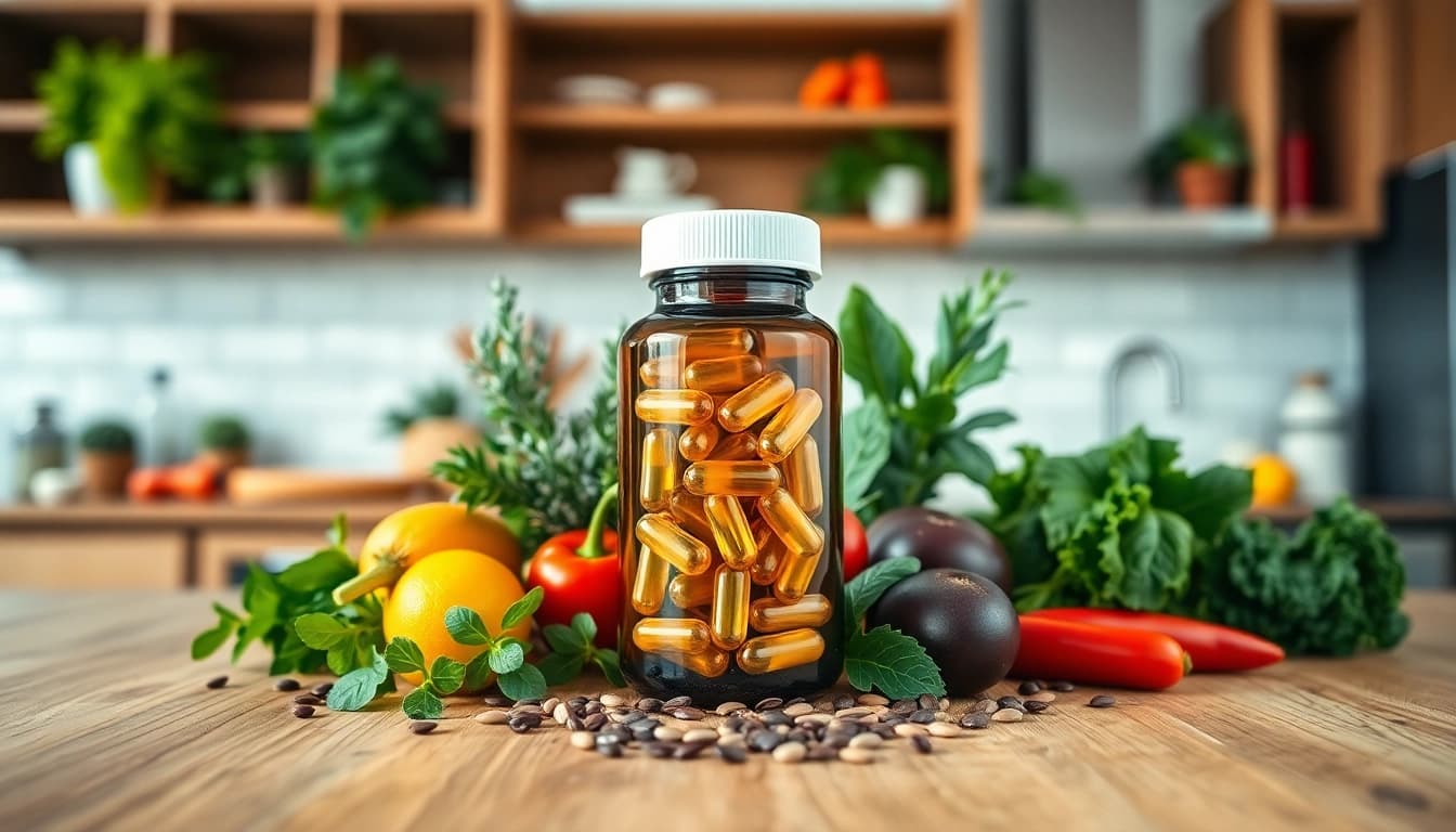 Vegane Supplements in einer modernen Küchenszene mit frischen Zutaten und einem natürlichen Ambiente.