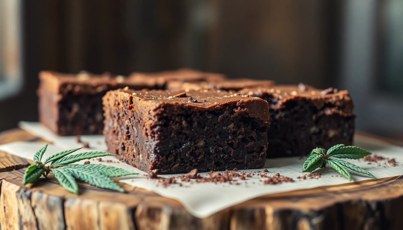 Frisch gebackene hashbrownies mit Kakaopulver und Cannabisdekor auf einem Holzbrett.