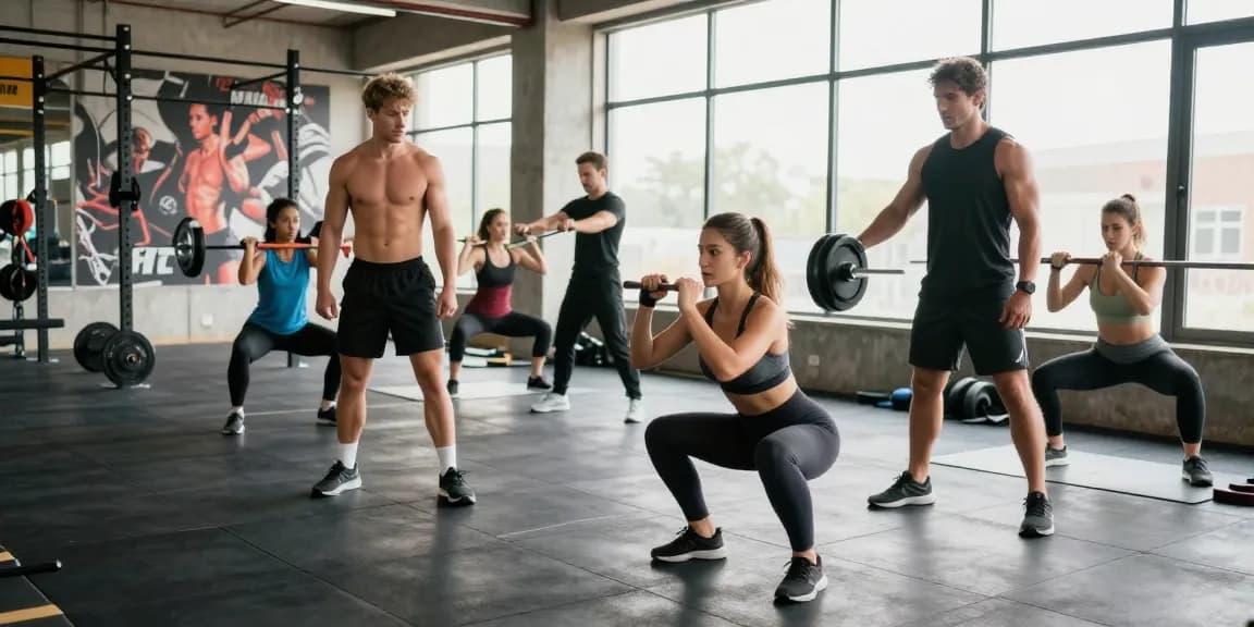 Training in einem modernen Anabolika Shop mit Bodybuildern und Fitnessbegeisterten, die Gewichte heben und motiviert sind.