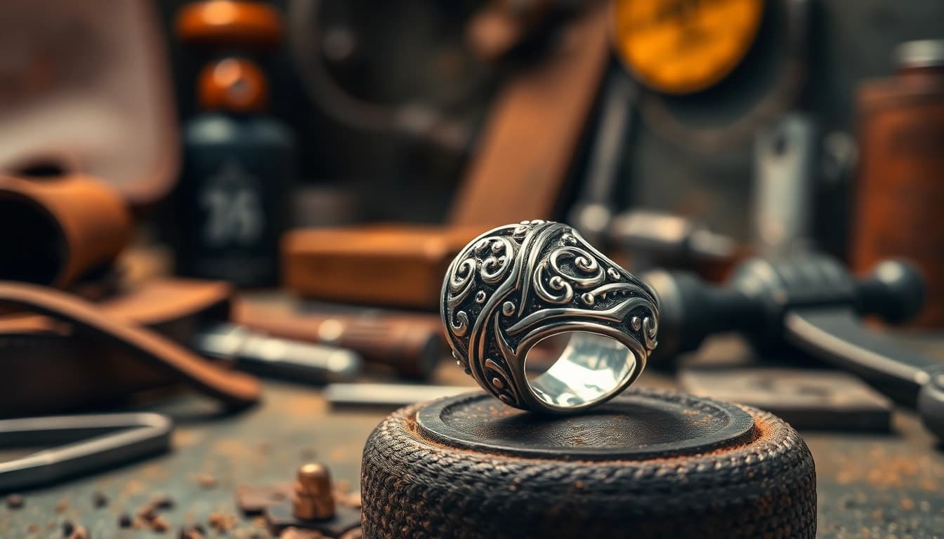 Bikerring im Fokus auf einem Tisch mit Werkzeugen, das handwerkliche Können unterstreicht.