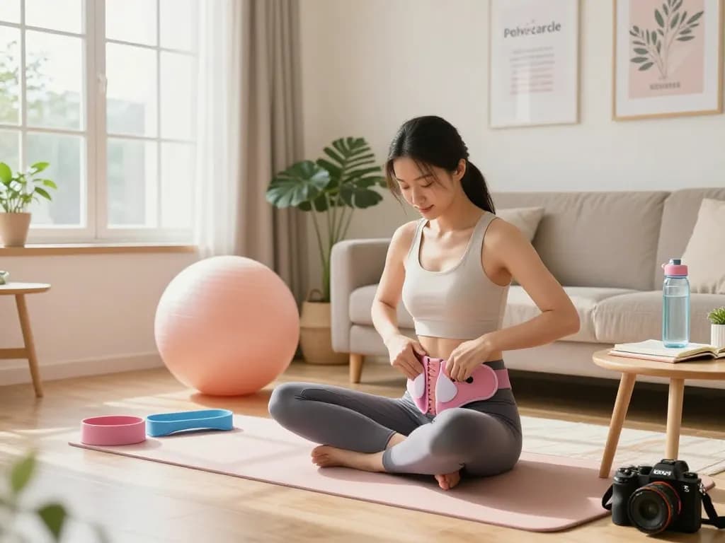 Woman using Pelvi-care.de pelvic floor trainer in a bright and cozy living room