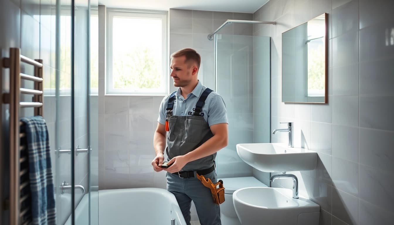 Fachmännischer Installateur im Badezimmer bei der Arbeit - Ein Beispiel für unseren zuverlässigen installateur notdienst.