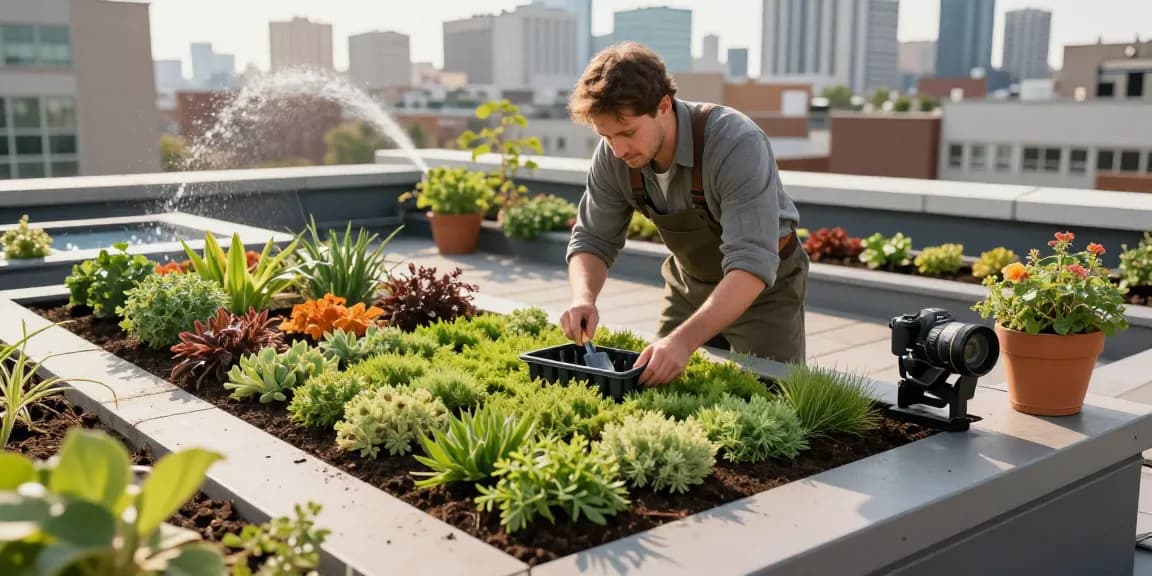 Der Aufbau eines Gründachs mit Sedum-Pflanzen hebt die Nachhaltigkeit des aufbau flachdach und die städtische Biodiversität hervor.