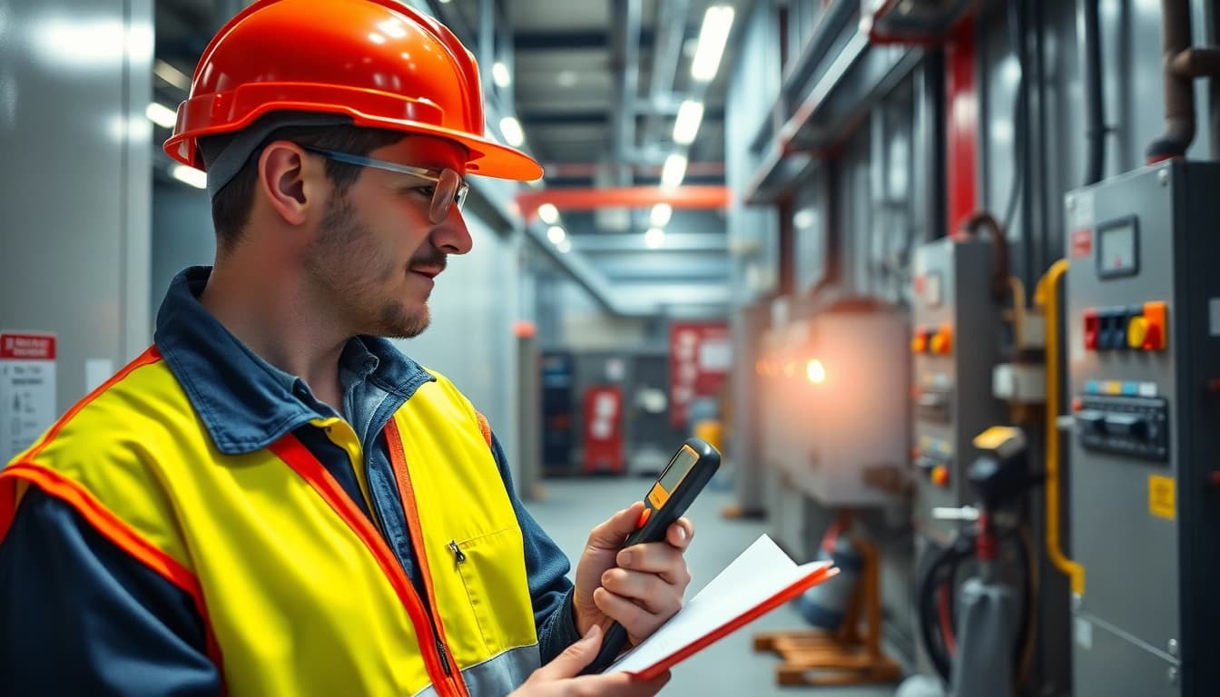 Electrician conducting a DGUV V3 Prüfung, ensuring safety and compliance with electrical equipment inspection.