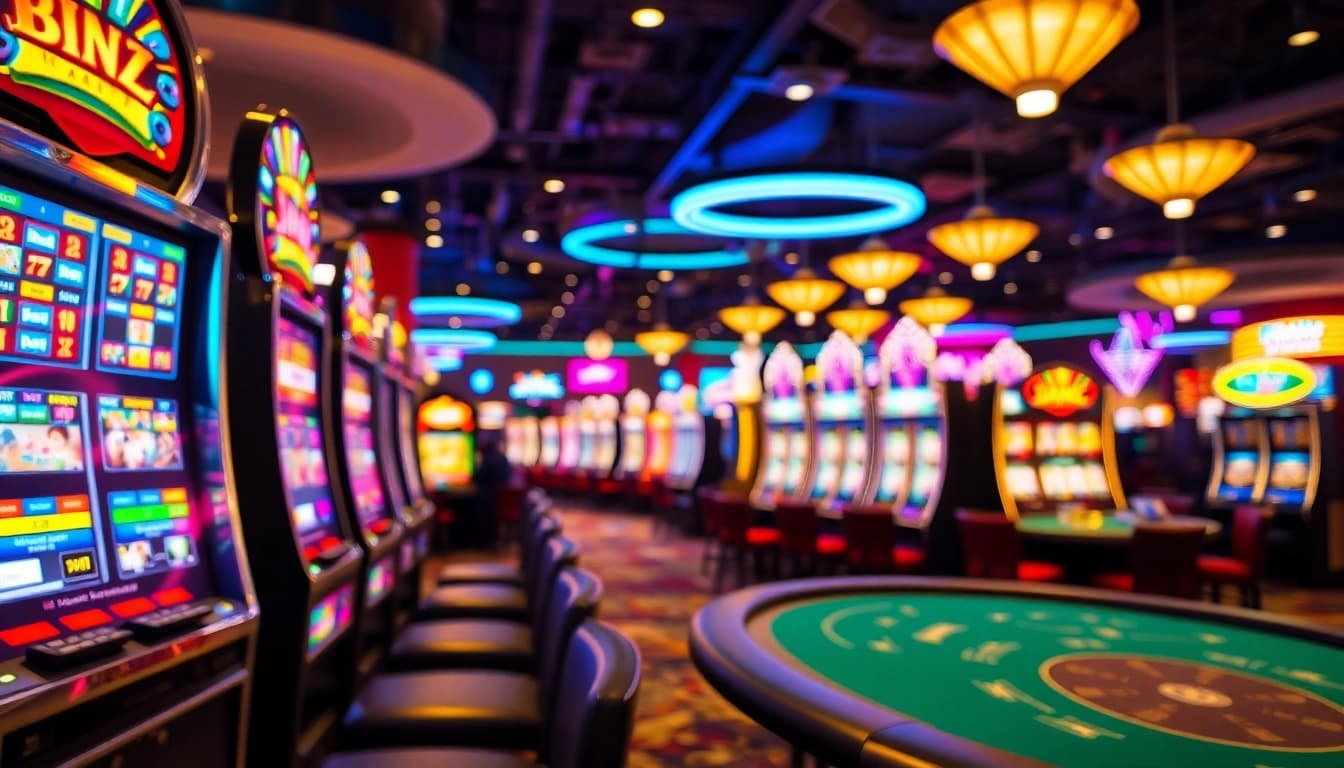 Experience thrilling moments with Casino Bonus offers and colorful gaming machines in a lively casino environment.