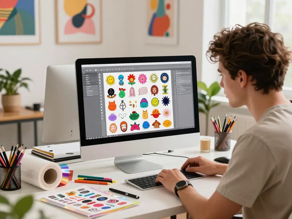 Custom sticker drucken scene with vibrant design elements and creative atmosphere.