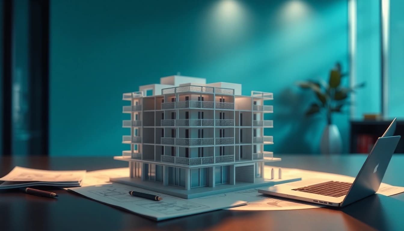 3D visualisierung eines Architekturmodells in einem modernen Büro mit interessanten Lichteffekten.