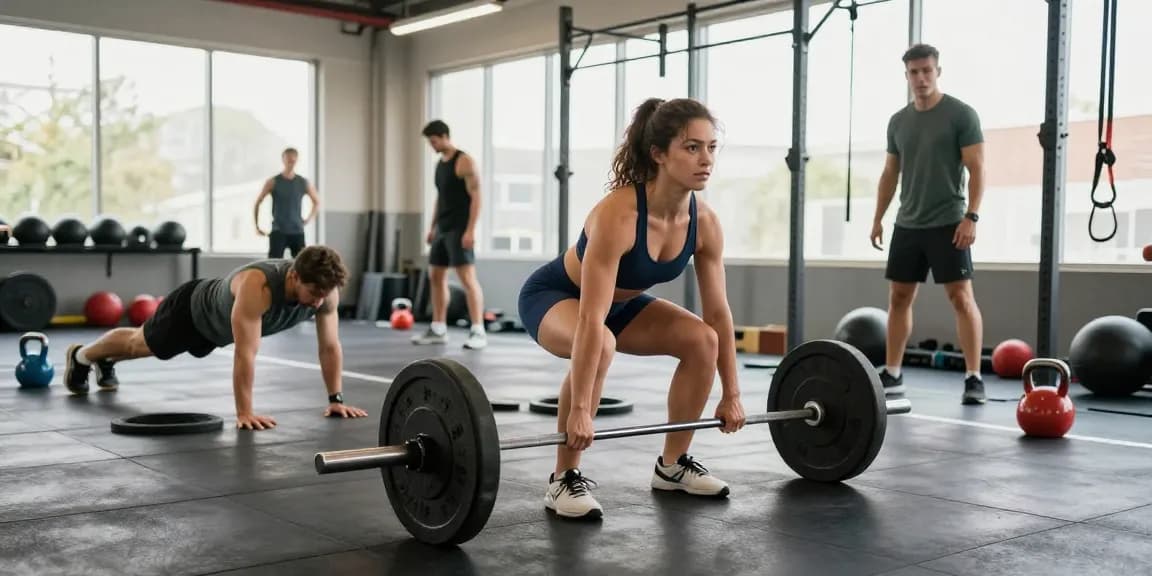 Aktive Fitnessszene im Astera Shop mit motivierten Trainierenden, die Gewichte heben und HIIT-Übungen machen.