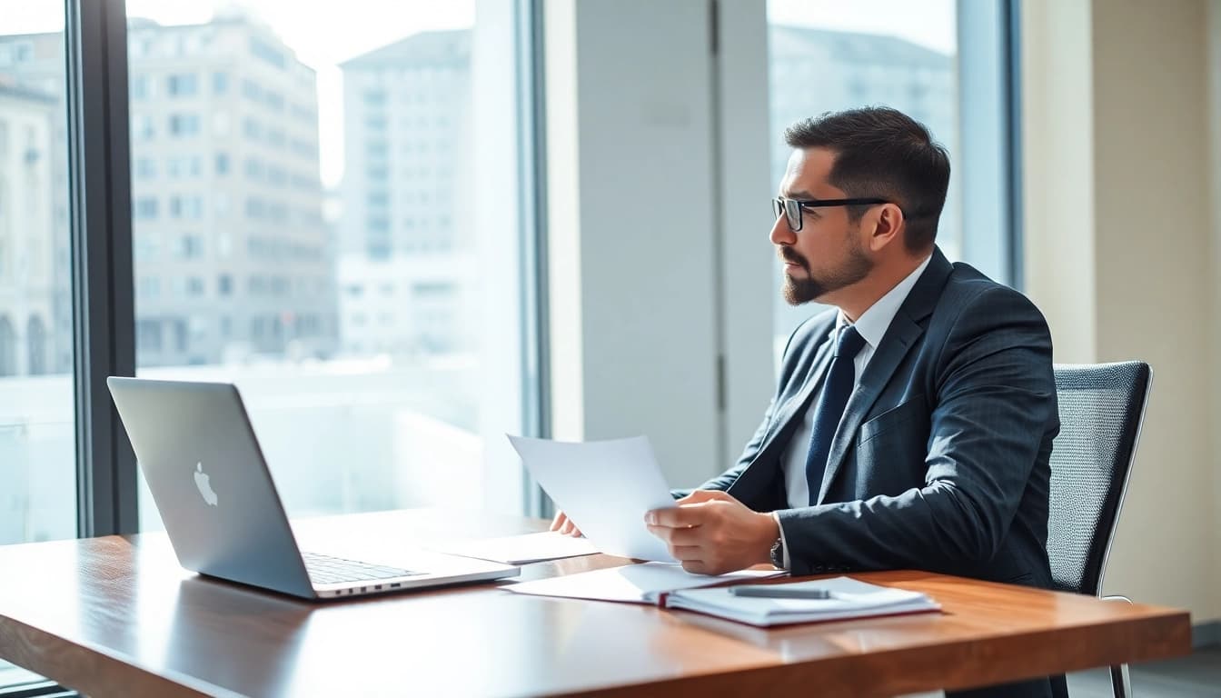 Portrait eines Headhunters Finance in einem modernen Büro, der einen Kandidaten interviewt und Professionalität ausstrahlt.
