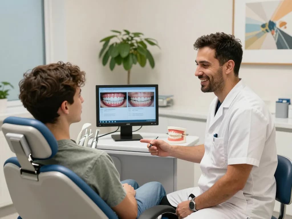 Invisalign Wien Beratung in einer Zahnarztpraxis, bei der Zahnarzt und Patient über transparente Aligner sprechen.