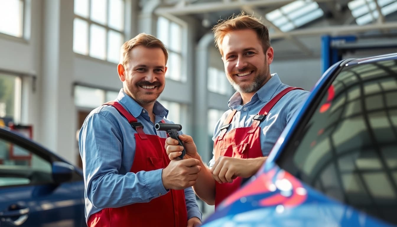 Dellendoktor München entfernt Dellen professionell aus einem blauen Auto in einer modernen Werkstatt.