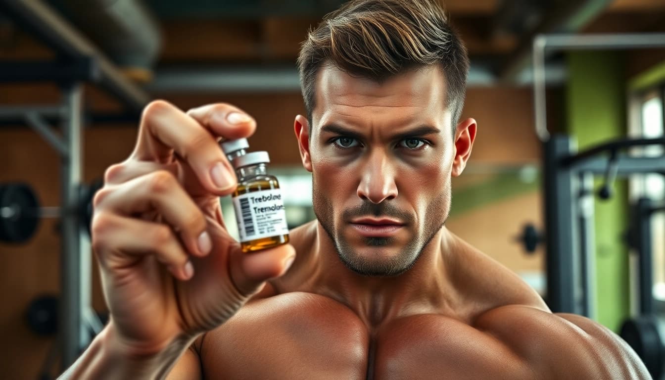 trenbolon kaufen für den Muskelaufbau in einem Fitnessstudio, kräftiger Bodybuilder mit Trainingsgeräten