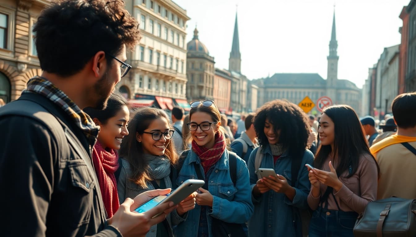 Interaktive Nutzung der Reise-Community-App von Reisenden in einer belebten Stadt.
