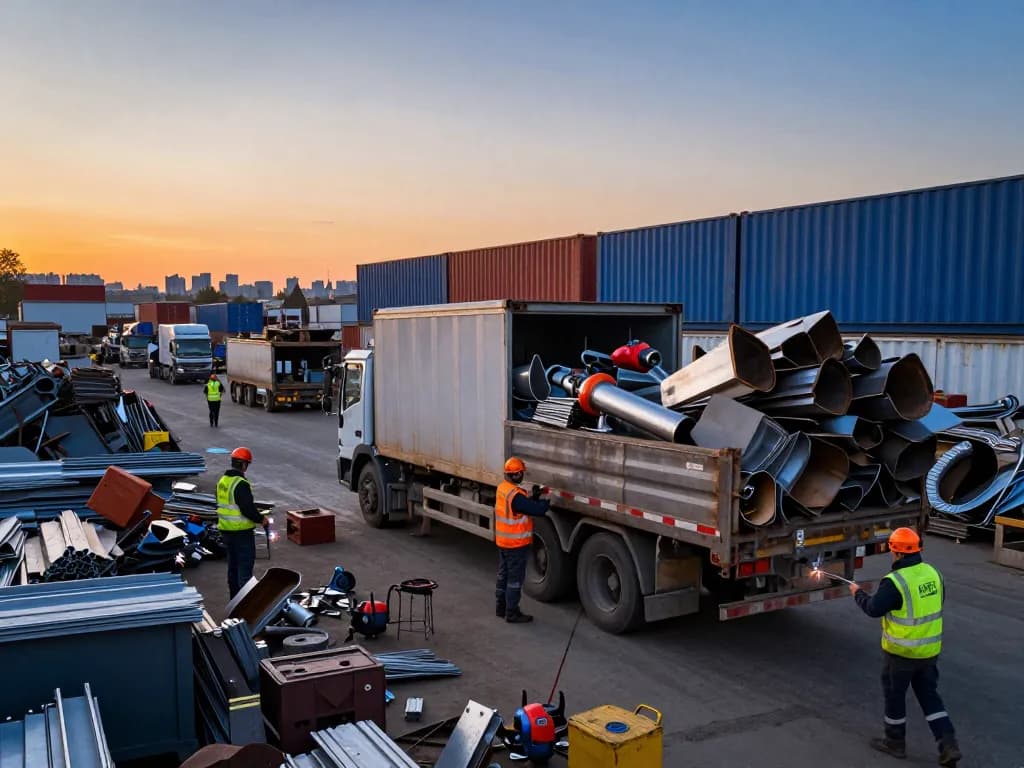 Szene des Schrottankaufs mit Arbeitern in Sicherheitskleidung, die Metalle in einen Lkw laden, und das geschäftige Treiben im Schrottplatz zeigen.