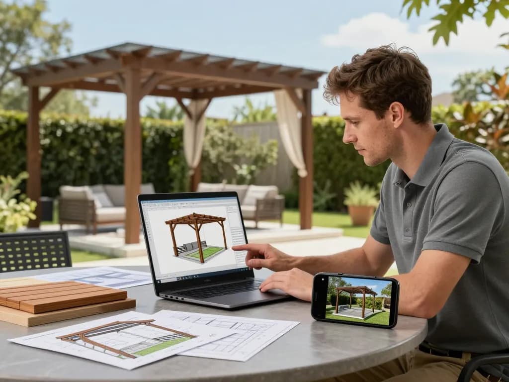 Software für Pergola-Installateure, die in einer lebhaften Außenszene gezeigt wird, mit einem Fachmann, der ein 3D-Pergoladesign konfiguriert.