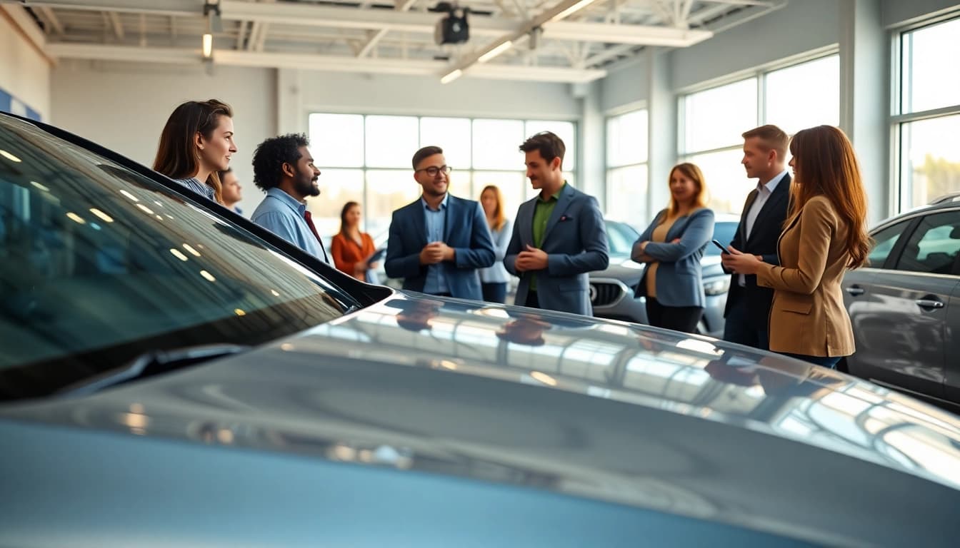 Auto kaufen in einem modernen Autohaus mit verschiedenen Interessenten und einem neuen Fahrzeug.