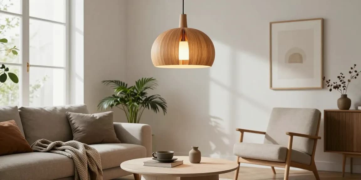 Gemütliches skandinavisches Wohnzimmer mit einer Hängeleuchte Holz Skandinavisch, die eine warme Atmosphäre schafft.