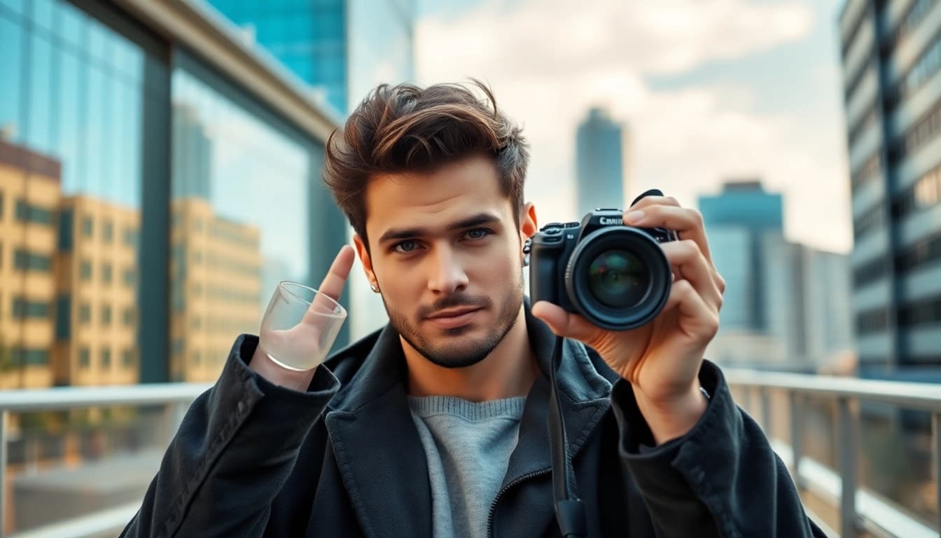 Tinder bilder für Männer, die in einer urbanen Umgebung selbstbewusst posieren.