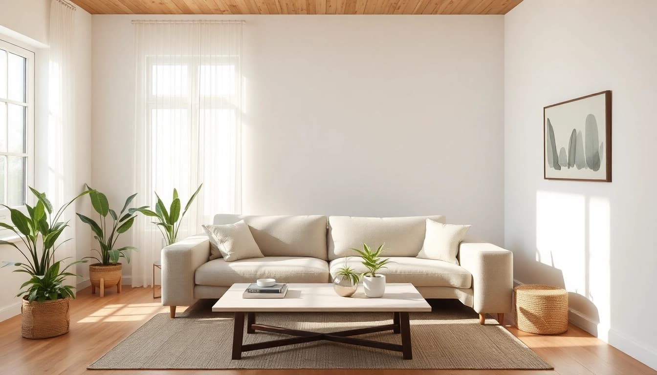 Ein minimalistisches Wohnzimmer mit warmer Lichtgestaltung für harmonische Raumgestaltung.
