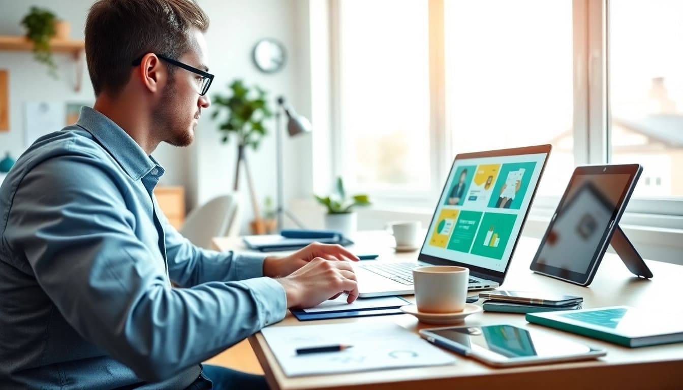 Marcel Hüsig arbeitet an einem kreativen Webdesign am Laptop mit bunten Entwürfen.