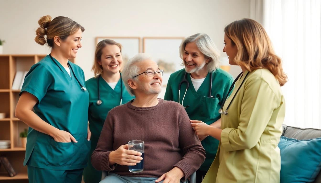 Ein freundliches Pflegeteam unterstützt im Pflegedienst eine ältere Person in einem hellen, gemütlichen Wohnraum.