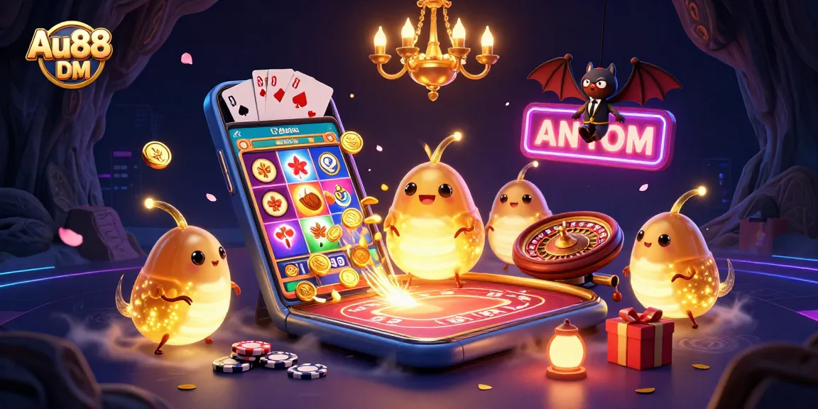 Engage with vibrant gaming excitement at Au88 DM in this colorful 3D casino scene.