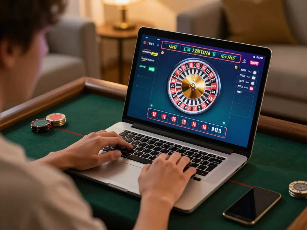 RR88 player enjoying online roulette in a cozy home setup, showcasing responsible gaming.