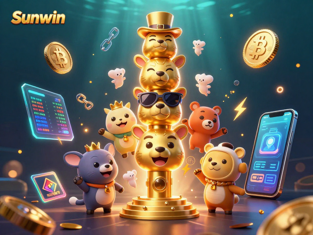 Experience the thrilling world of Sunwin with vibrant 3D casino totems and dynamic crypto elements.
