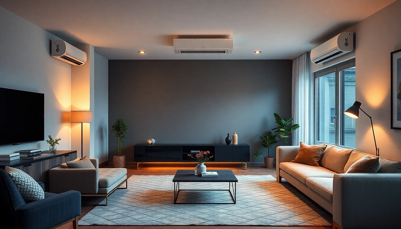Klimaanlage kaufen: Elegante Split-Klimaanlage in modernem Wohnzimmer für optimale Raumtemperaturen.
