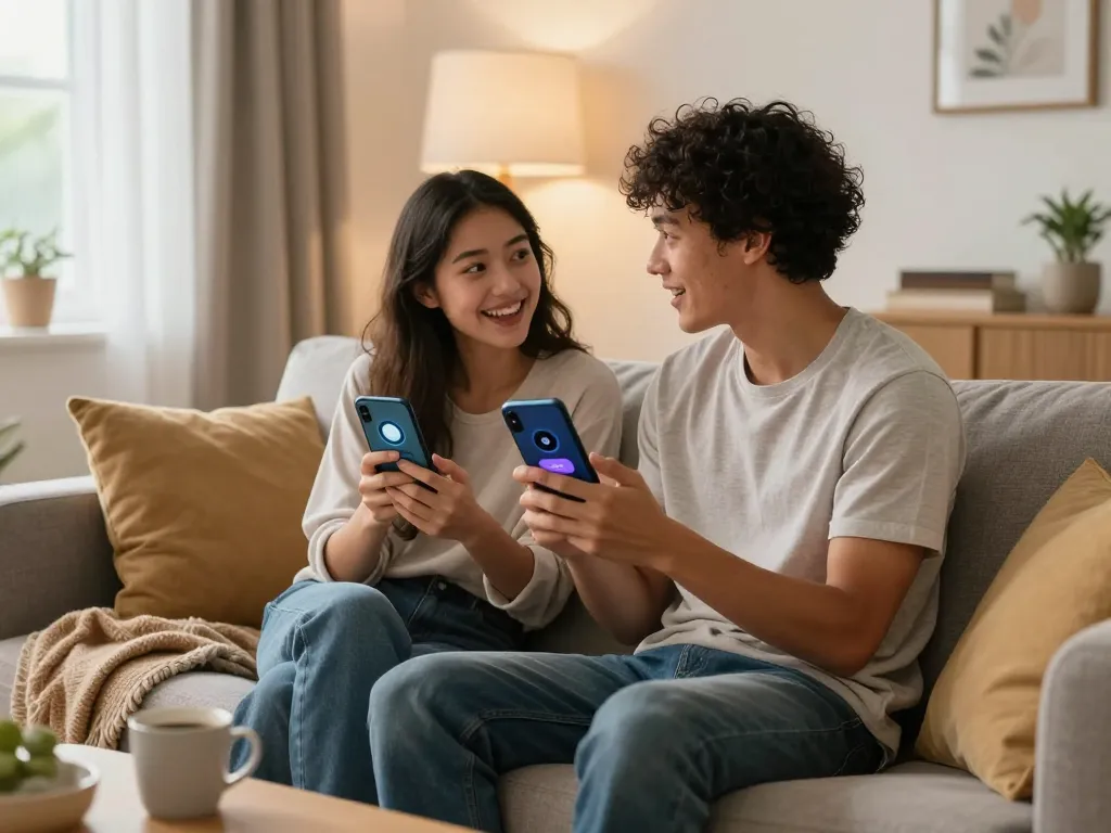 Couple engaging with sexting AI chatbot in cozy living room.