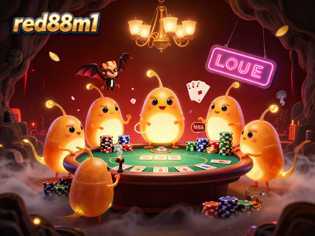 Engage in rich casino gameplay at red88m1, featuring glowworms lighting a vibrant poker scene.