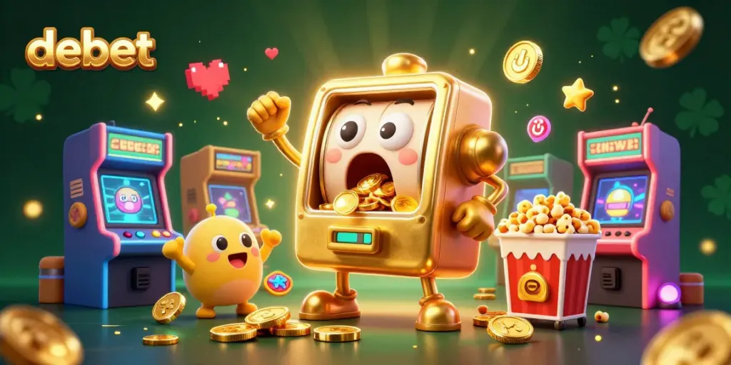 Experience the excitement of debet as golden slot machines celebrate a jackpot victory amidst vibrant gaming elements.