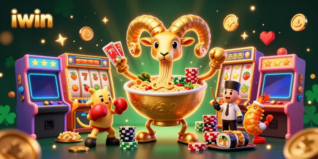 The iwin giant golden ramen bowl character deals cards and stacks chips in a lively casino scene.