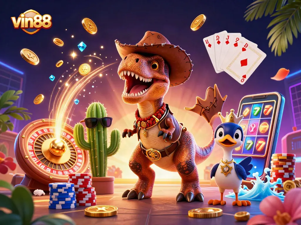 vin88 casino scene with cartoon characters battling for jackpot treasures