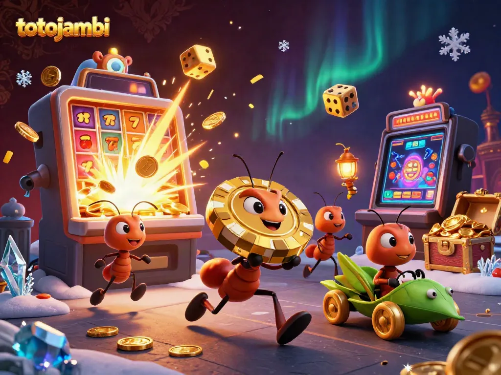 Experience the excitement of gambling with totojambi in this dynamic casino heist scene featuring ants, luck, and golden treasures.