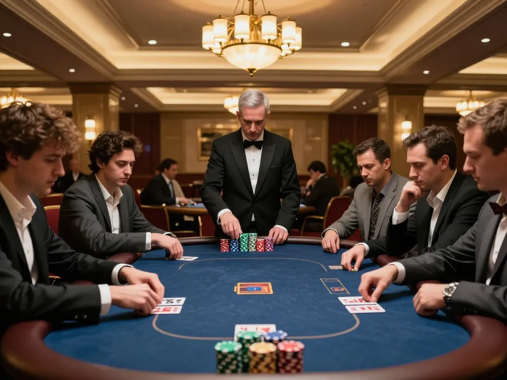 iwin poker players strategizing their bets at a luxurious casino with warm lighting.