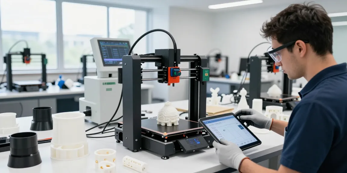 3D Druck B2B in einer modernen Werkstatt mit Techniker am 3D-Drucker.