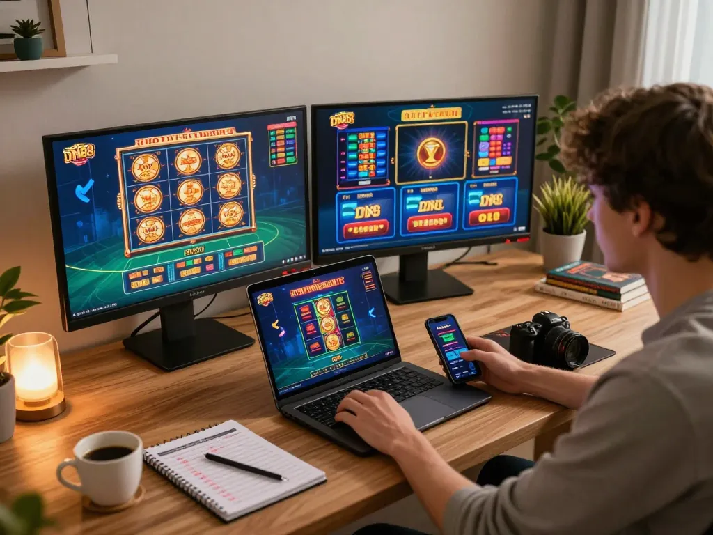 Engaging in online gaming at DN88 casino, a player studies gameplay strategies on multiple screens.