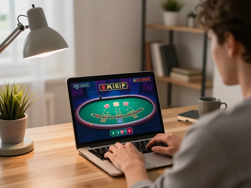 Player enjoying sc88 live dealer blackjack in a cozy home office with warm lighting and stylish decor.