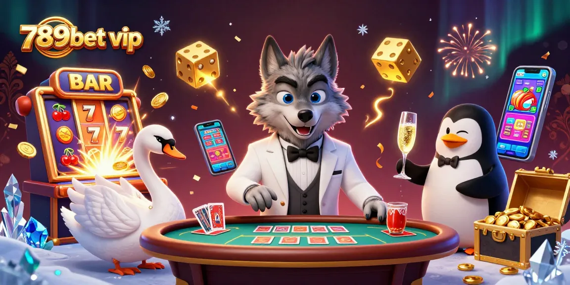Engage with 789bet vip's vibrant casino scene featuring a debonair wolf, elegant swan, and sophisticated penguin amidst dynamic gaming elements.