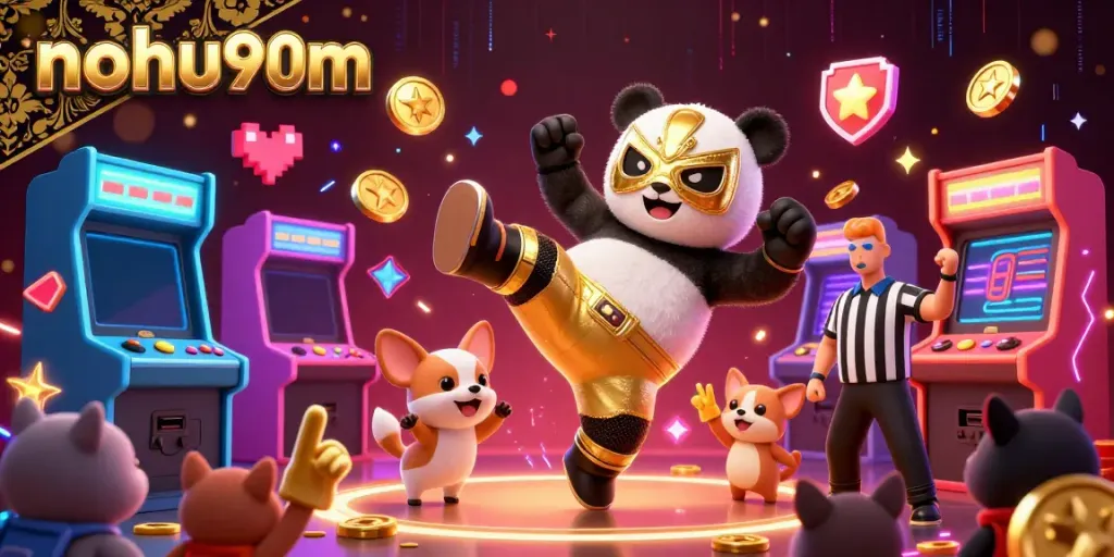 Nohu90m casino scene with a panda wrestler, chihuahua referee, and cheering animal crowd in vibrant detail.