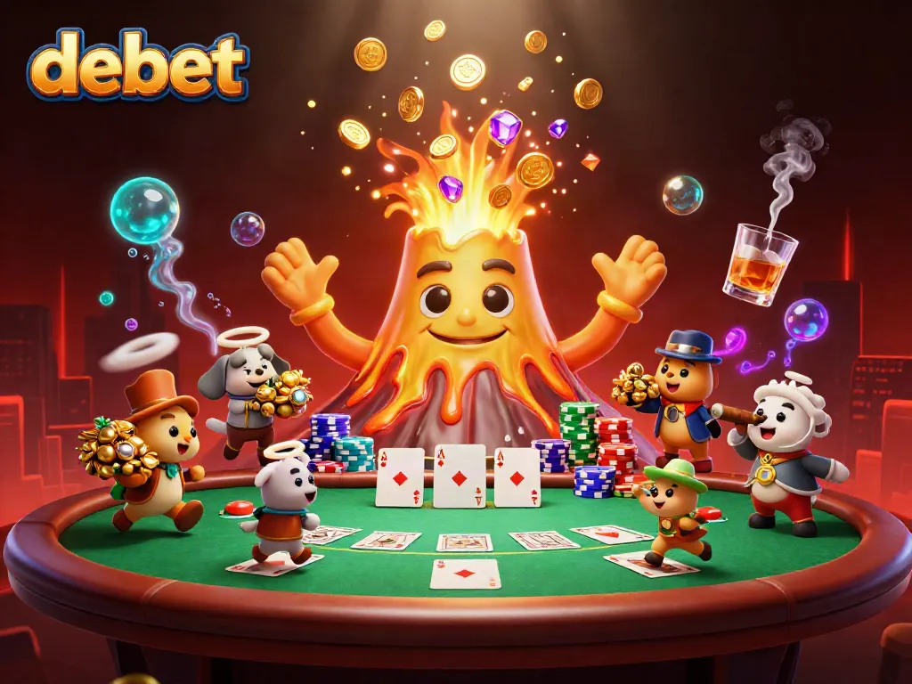 Experience thrilling moments with debet as coins and treasures erupt from a golden volcano in this vibrant casino scene.