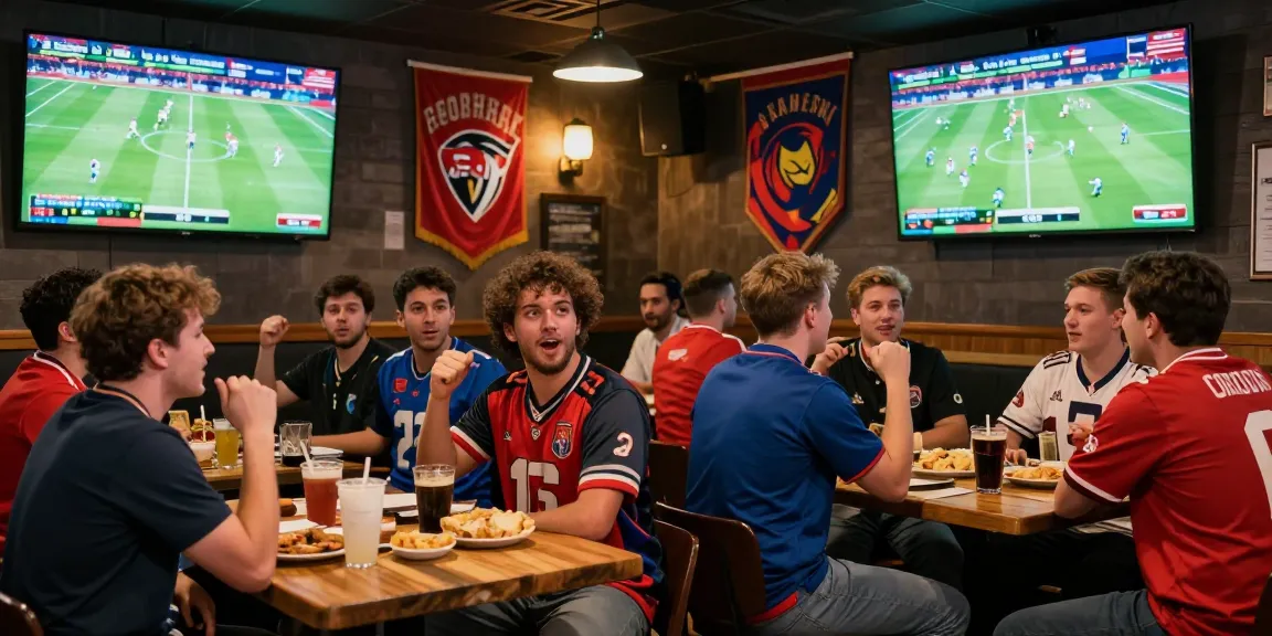 Wetten Fußball in einem lebhaften Sportbar mit Fans, die ihre Lieblingsmannschaften unterstützen.