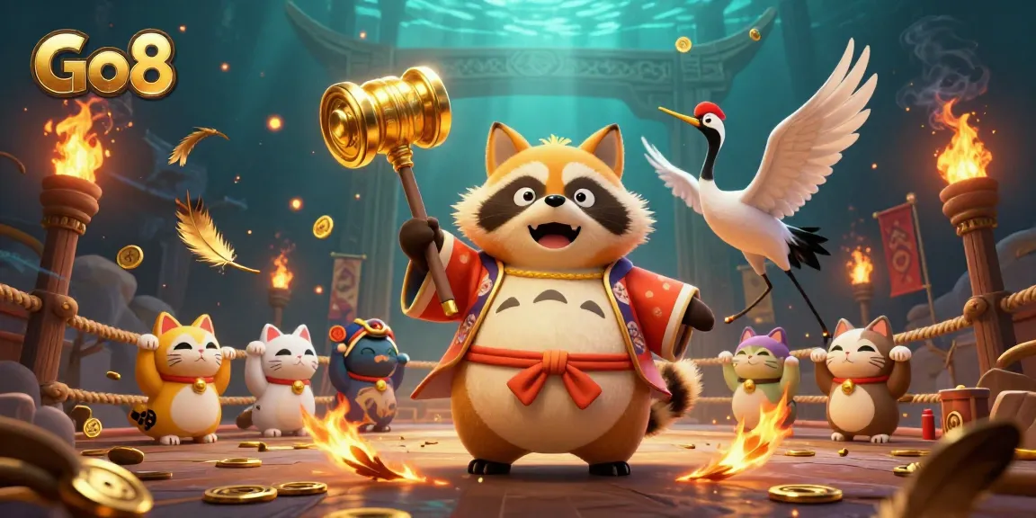 Spin the reels at Go8 with cheerful tanuki and colorful fortune cats in action